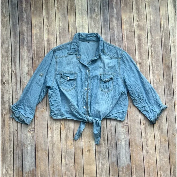 Tops 34 Sleeve Denim Crop Top Tie Knot Shirt Cardigan Poshmark